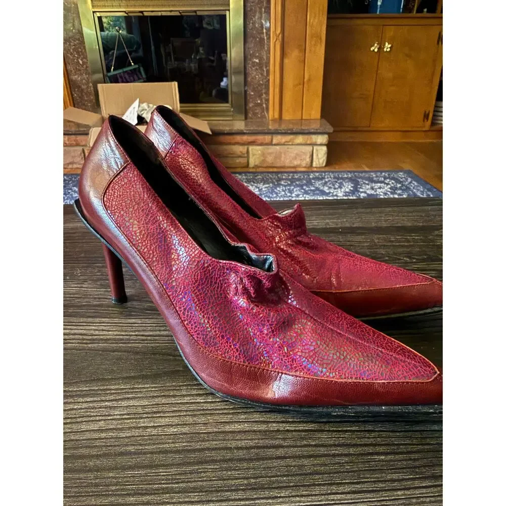 HTF Vintage Diesel Maroon Cracked Leather Pointed Toe Heels Sz. 38.5